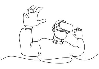 One line drawing of a person in virtual reality. Highlights gaming innovation.