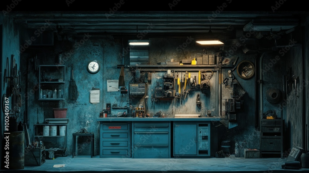 Poster a dimly lit workshop with a workbench and tools