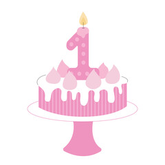 First year birthday cake with one candle vector illustration