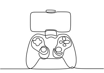 One line drawing of a joystick and gaming console. Highlights essential gaming equipment. © berkahlineart