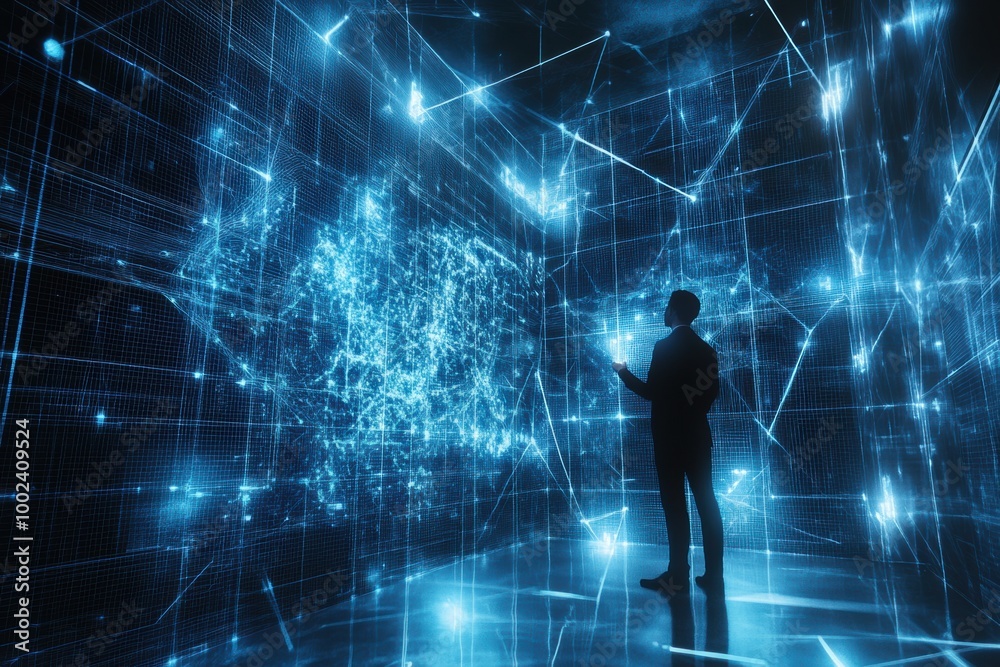 Aufkleber a professional explores immersive holographic data and neural networks in a futuristic digital envir