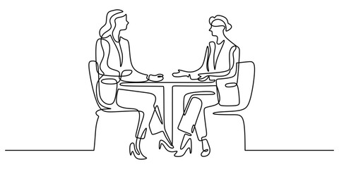 One line drawing of two women chatting or interviewing. Represents connection and dialogue.