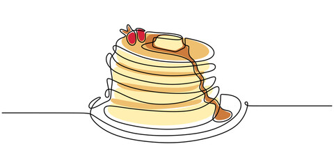 Elegant One Line Drawing of Pancakes with Cream.
