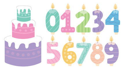 Fototapeta premium Birthday elements flat set. Candles number shapes and big cake vector set