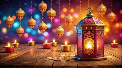 Obraz premium A glowing lantern hanging in front of a colorful Diwali backdrop, vibrant lights and rangoli designs in the background, soft shadows creating a serene festival atmosphere, with ample space