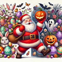 Festive Santa Celebrating Halloween and Easter