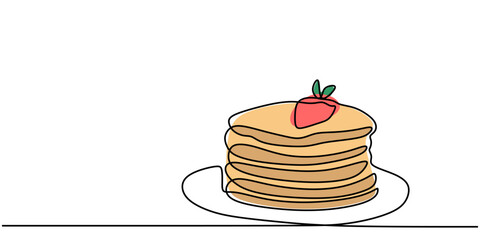 Clean One Line Drawing of Pancakes with Strawberries on a Plate.