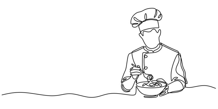 Chef Cooking in a One Line Drawing, Highlighting Professional Culinary Skills.