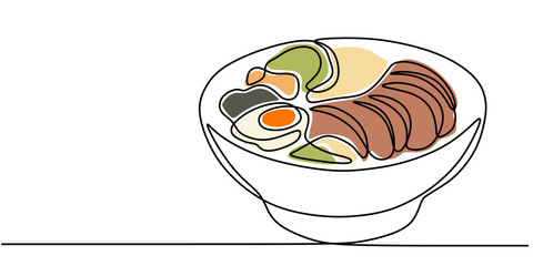 Classic Noodle Dish in a One Line Drawing of Ramen, Showcasing Minimalist Style.