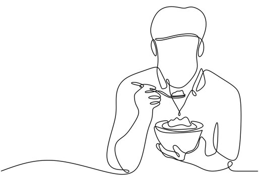 One Line Drawing of a Man Eating, Clean and Simple Food Illustration.