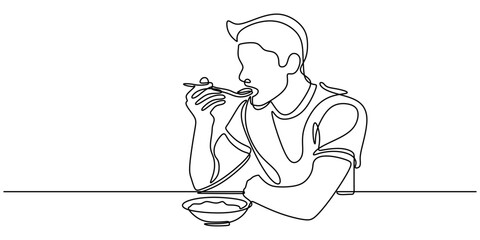 One Line Drawing of a Man Having a Meal, Simple Depiction of Dining.