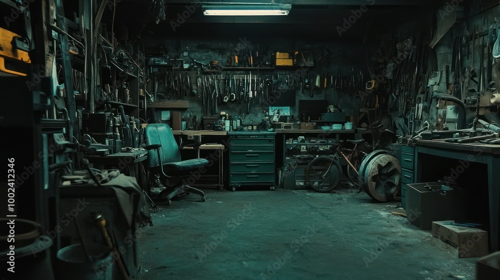 Poster A Dusty and Cluttered Workshop with Tools and a Bicycle