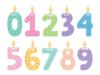 Set of burning number shaped candles for birthday party. Vector collection of number shaped candles in flat style
