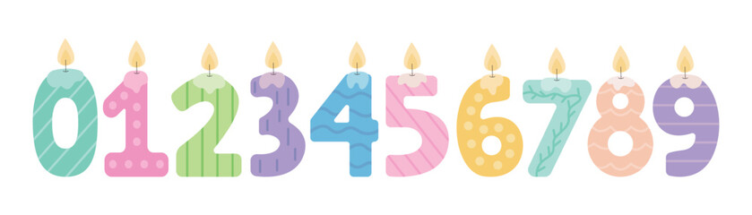 Set of burning number shaped candles for birthday party. Vector collection of number shaped candles in flat style
