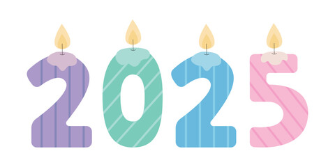 2025 numbers shaped candles in flat style on white background