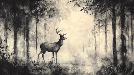 Naklejka premium A monochrome image of a deer amidst towering trees in a forest setting