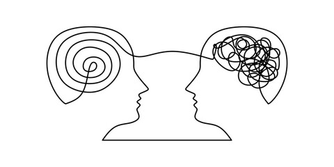 Minimalist One Line Drawing of Two Heads with Swirling Lines, Symbolizing Complexity and Connection.