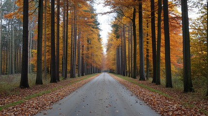 Obraz premium A winding road through a forest with tall trees in autumn colors.