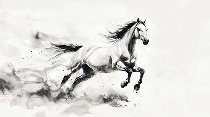   A black-and-white photo of a horse soaring through the sky, with both front legs extended gracefully