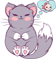 Fototapeta premium Cute sleeping on his back cat in kawaii style. The cat dreams of a fish. Funny baby character. Design element for poster, postcard, greeting card, children clothes, t-shirts