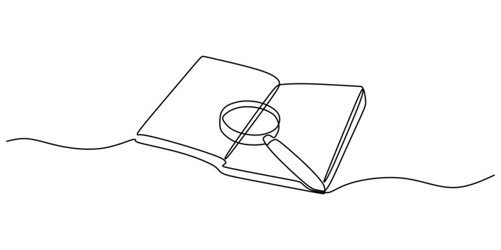 Minimalist One Line Drawing of a Magnifying Glass Over an Open Book, Representing Research and Knowledge.