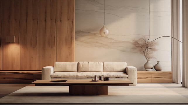 Minimalist Living Room Interior Design with Beige Sofa Wooden Coffee Table and Marble Wall