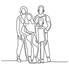 Minimalist One Line Drawing of a Family: Father, Mother, and Children, Illustrating Unity and Togetherness.