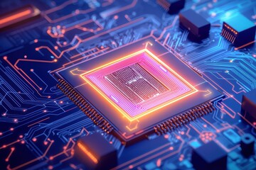 Close-up of a vibrant microprocessor on a circuit board, showcasing intricate designs and glowing elements in a tech environment.
