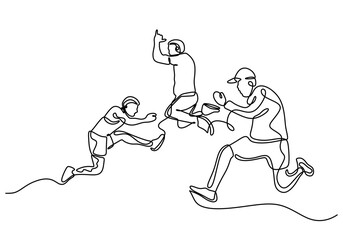 One Line Drawing of Three Men Jumping Together, Dynamic Representation of Joy and Energy.