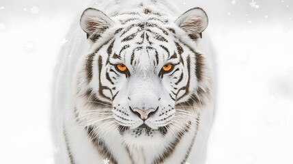 White tiger, white background, orange eyes, symmetrical composition, symmetrical close-up photo of face