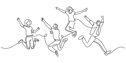 One Line Drawing of Individuals Leaping in Joy, Capturing the Essence of Happiness and Energy Simply.