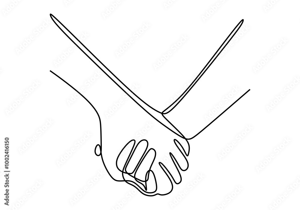 Wall mural One Line Drawing of Two Hands Clasping Each Other, Symbolizing Unity and Connection.