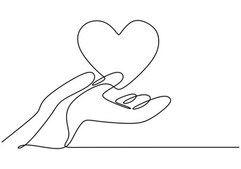 One Line Drawing of a Heart Held Above a Hand, Clean Representation of Affection and Care.