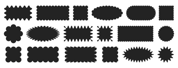 Black jagged geometric shapes. Scallop rectangle, square, round and oval frames with wiggly borders. Rectangular curved box elements, serrated stickers with zig zag edge. Wavy labels, squiggly badges