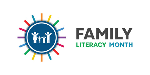 Fototapeta premium Family Literacy Month. Family and book. Great for cards, banners, posters, social media and more. White background.