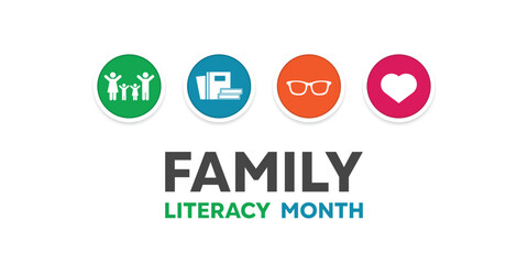 Family Literacy Month. Family, book, glasses and heart. Great for cards, banners, posters, social media and more. White background.