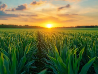 A field of green grass with a sun in the sky