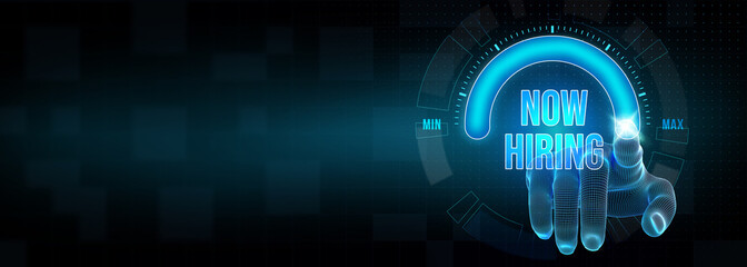 Business, Technology, Internet and network concept. NOW HIRING inscription, modern technology business concept. 3d illustration