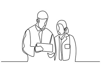 One Line Drawing of Two Researchers Engaging in Dialogue, Representing Teamwork in Scientific Inquiry.