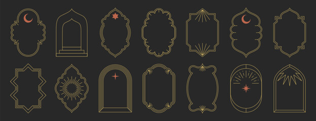 Islamic frame shapes set. Trendy boho thin line art arabic arches. Geometric minimalist aesthetic linear design windows, simple borders, arabian mosque arcs with sun rays, crescent. Eid mubarak doors © redgreystock