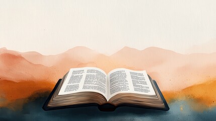 Fototapeta premium Peaceful open Bible displaying the comforting words from the Book of Psalms set against a warm serene watercolor landscape of mountains and sky