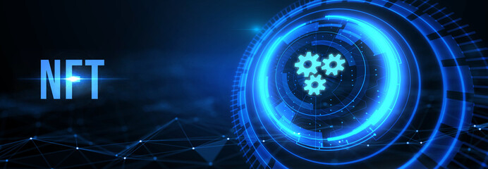 NFT Non-fungible token digital crypto on virtual screen. 3d illustration