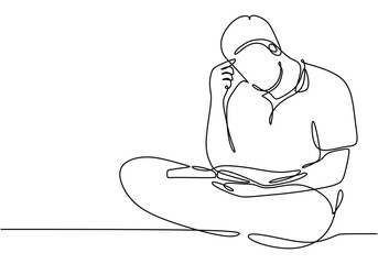 One line drawing of a man seated while reading. Depicting the joy of immersing oneself in literature.
