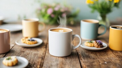 Obraz premium A cozy coffee moment with steaming mugs and assorted cookies on a wooden table, perfect for a warm gathering or morning routine.