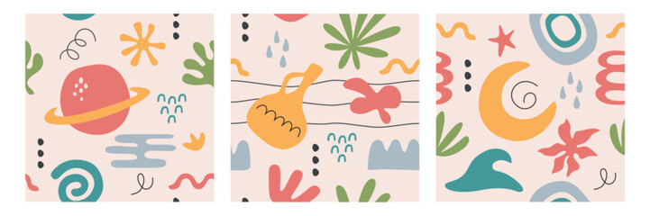 Vector set of contemporary cards with abstract summer nature elements. Posters with organic geometric shapes, lines, doodle freeform objects. Modern hand drawn simple figures, tropical botanical forms