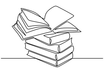 One line drawing of an open book on a stack of books. Symbolizing knowledge and learning.