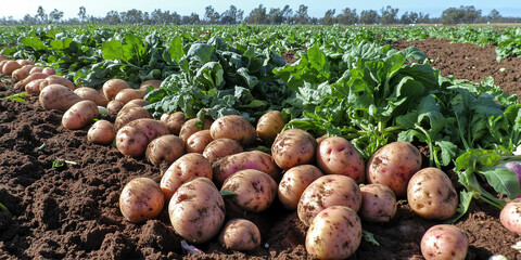 An abundant harvest of freshly dug potatoes laying in a vibrant vegetable field, showcasing agricultural produce and farming practices.