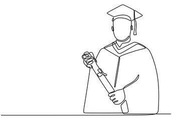 One line drawing of a man celebrating graduation. Capturing academic achievement.