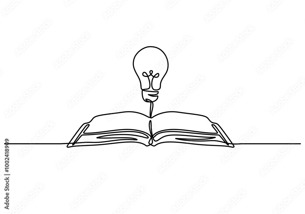Wall mural one line drawing of a light bulb on books. combining illumination and learning.