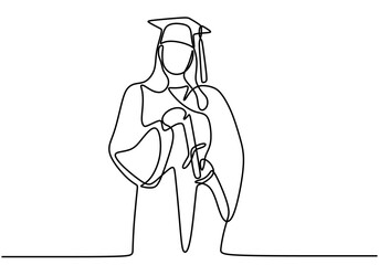 One line drawing of a woman in a graduation robe. Celebrating educational success.